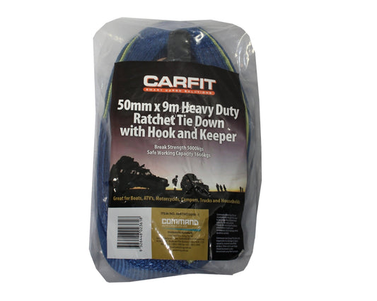 HEAVY DUTY RATCHET TIE DOWN 50mm x 9m WITH HOOK AND KEEPER